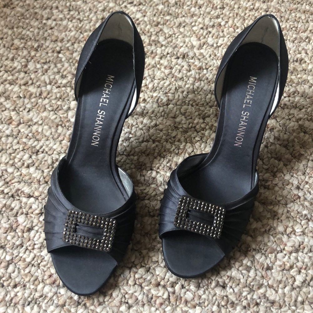 Dark grey  satin heels with rhinestone buckle